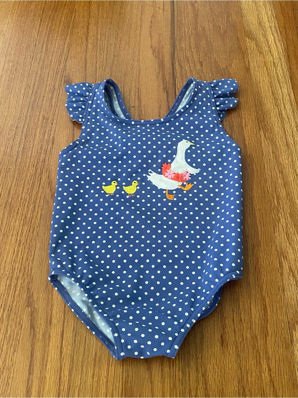 Baby Boden  Polka Dot One-Piece Swimsuit with Goose and Duckling Appliqué